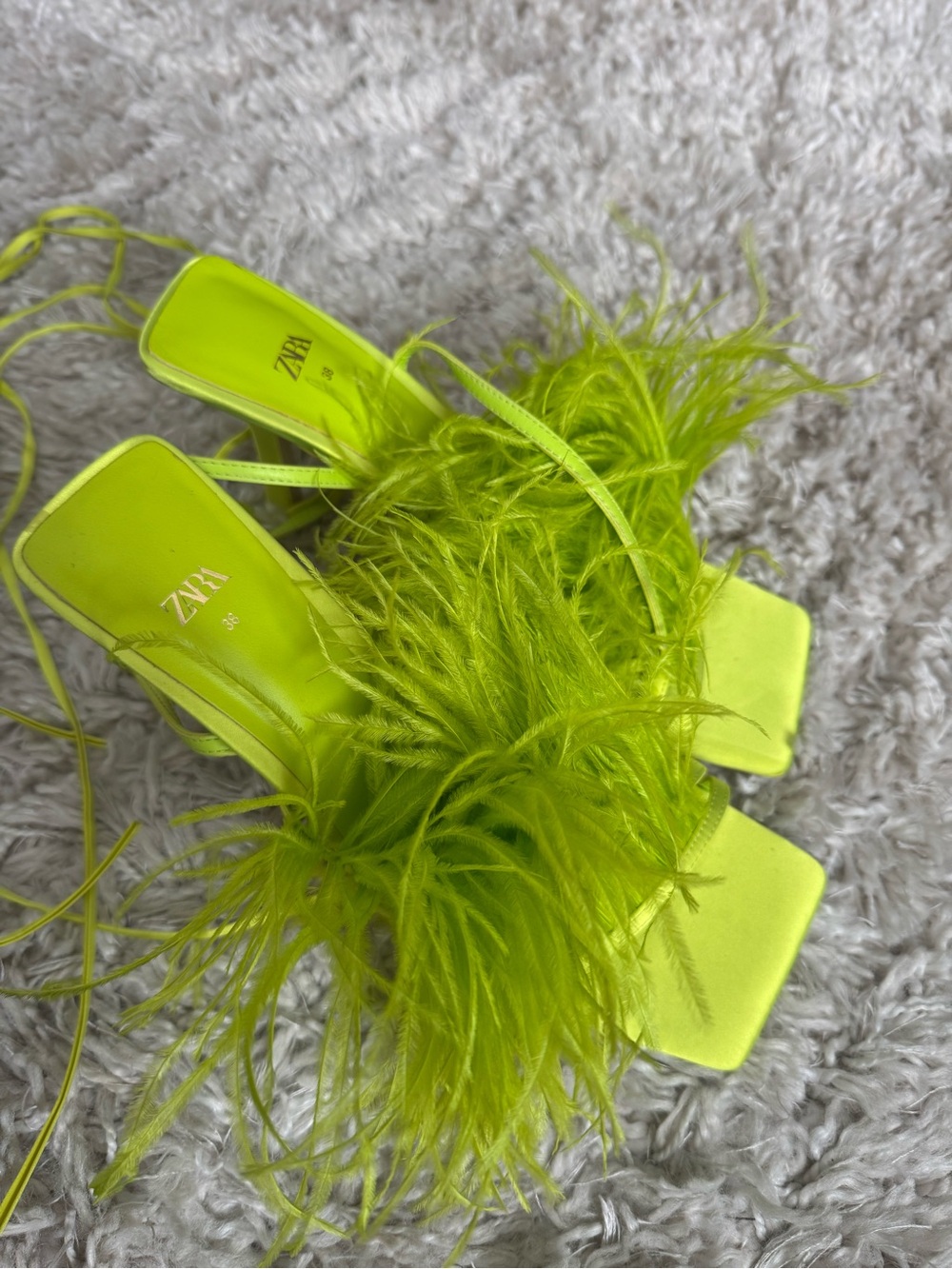 Zara Lime Feathered Lace Up Square-Toe Heels